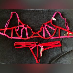 NWT Victorias Secret S-DD VERY SEXY Red & Pink Hearts Heartware Cage Bra & Panty
